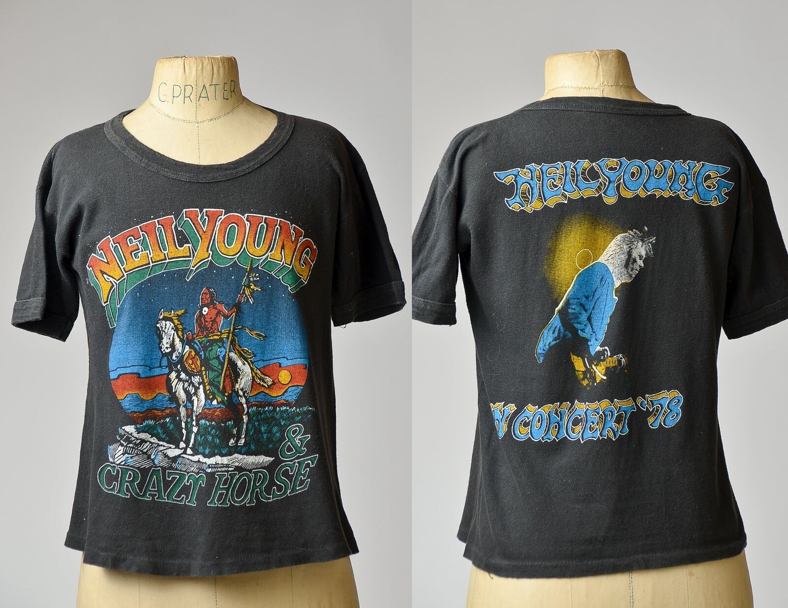 1970s Neil Young Early Cotton T Shirt Front & Back Print Hippie Rock T Shirt