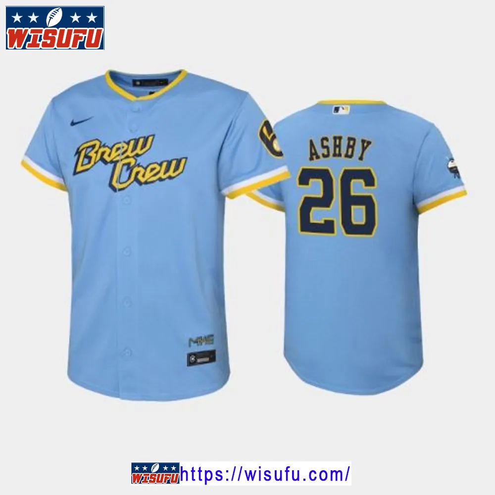 2024-23 City Connect Youth Milwaukee Brewers Aaron Ashby 26 Aaron Ashby Jersey - Powder Blue