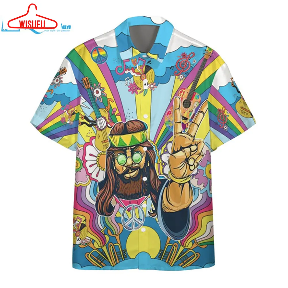 3d Hippie Men With Guitar Custom Hawaii Shirt Hawaiian Print 3d, Best Gift Ideas, New Fashion Gifts