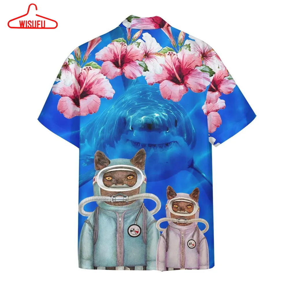 3d Scuba Diving Cats With Shark Behind Hawaii Shirt, New Fashion Gifts