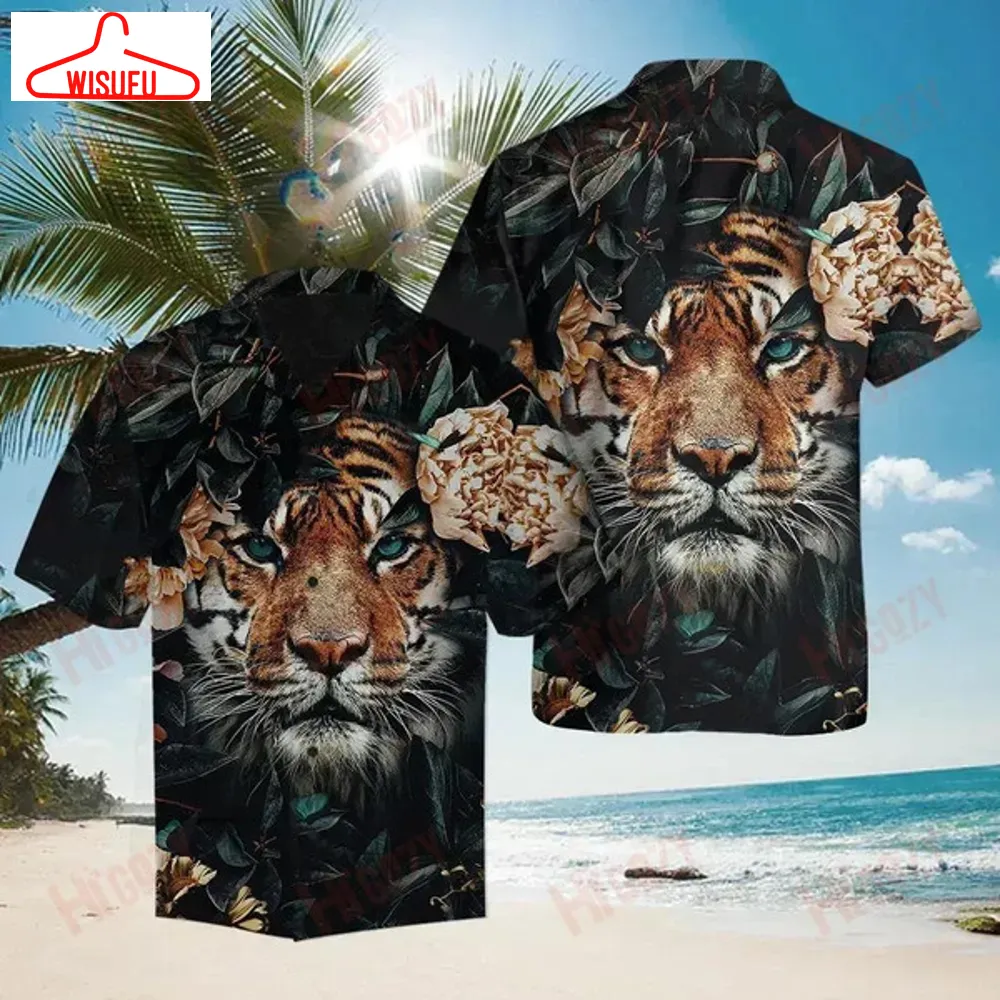 3d Tiger Flower Short Sleeve Shirt Ocean Short Sleeve Hawaiian Crazy Shirts Hawaiian Best Gift Ideas, New Fashion Gifts