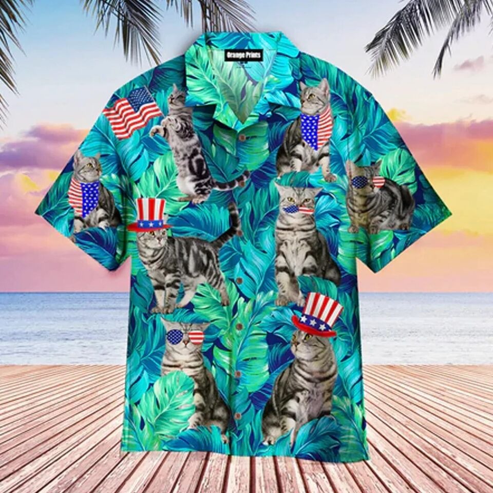 4Th Of July Independence Day Cat Lover Hawaiian Shirt For Men, S-5XL US Size