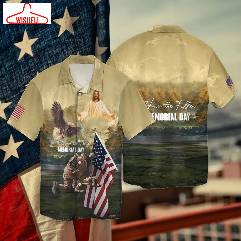 4th Of July Independence Day Memorial Day Eagle And Jesus Honor The Fallen Hawaiian Shirt