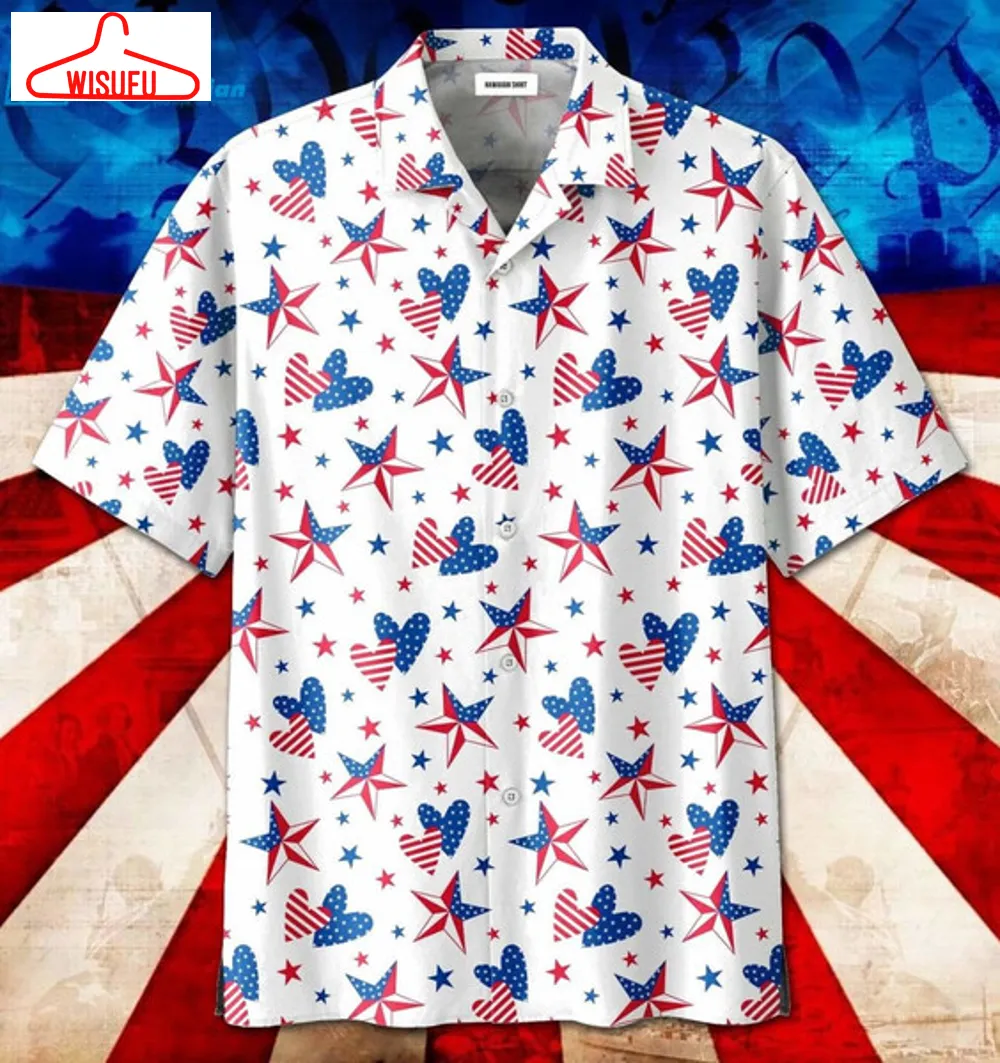 4th Of July Star Heart Us Flag Patriotism Hawaiian Aloha Shirt, Best Gift Ideas, New Fashion Gifts