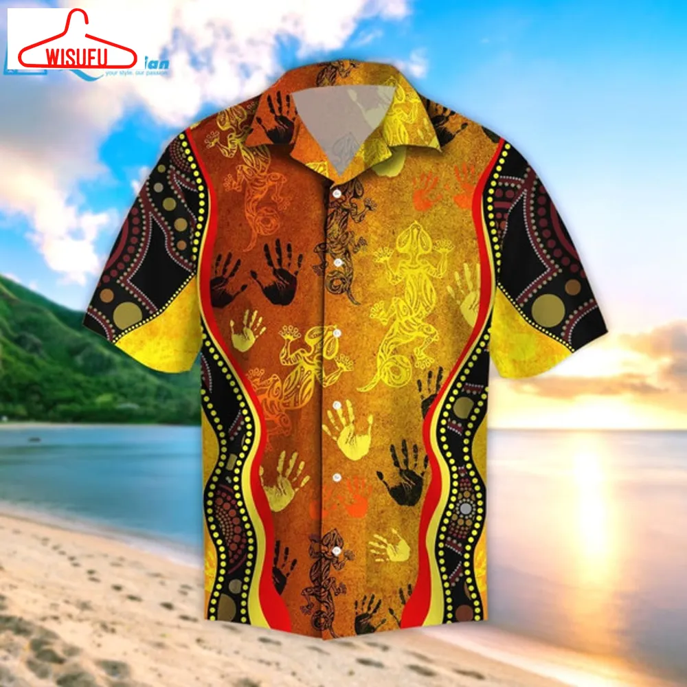 Aboriginal Australia Rock Painting Hand Lizard Art Golden Shirt Hawaiian Print 3d, Best Gift Ideas, New Fashion Gifts