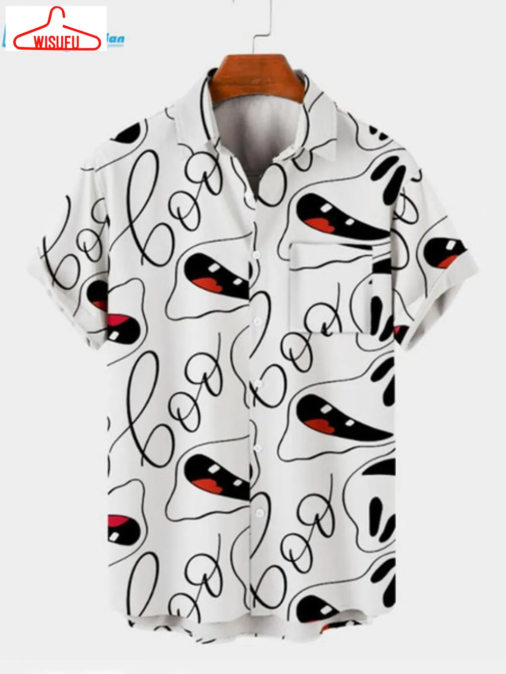 Abstract Line Drawing Cartoon Ghost Printed Men's Short Sleeve Shirt Hawaiian Shirt, Best Gift Ideas, New Fashion Gifts