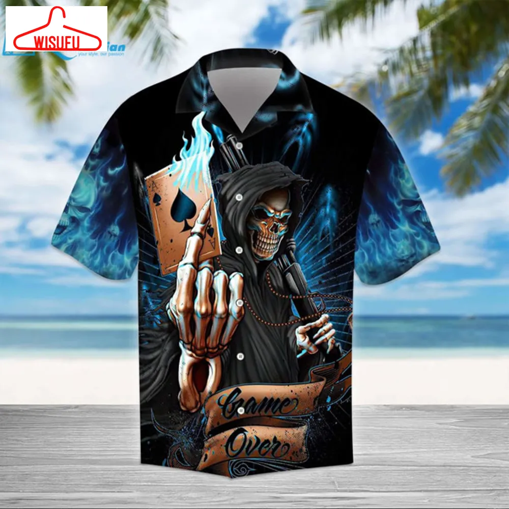 Ace Grim Reaper Blue Flame Skull Gothic Hawaiian Aloha Shirts, Best Gift Ideas, New Fashion Gifts Vtbl22525