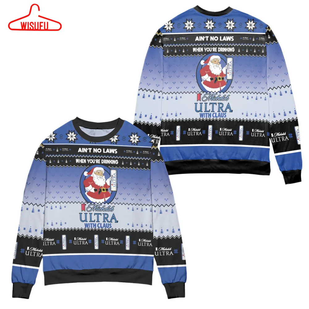 Ain't No Laws When You're Drinking Michelob Ultra With Claus Ugly Christmas Sweater Blue