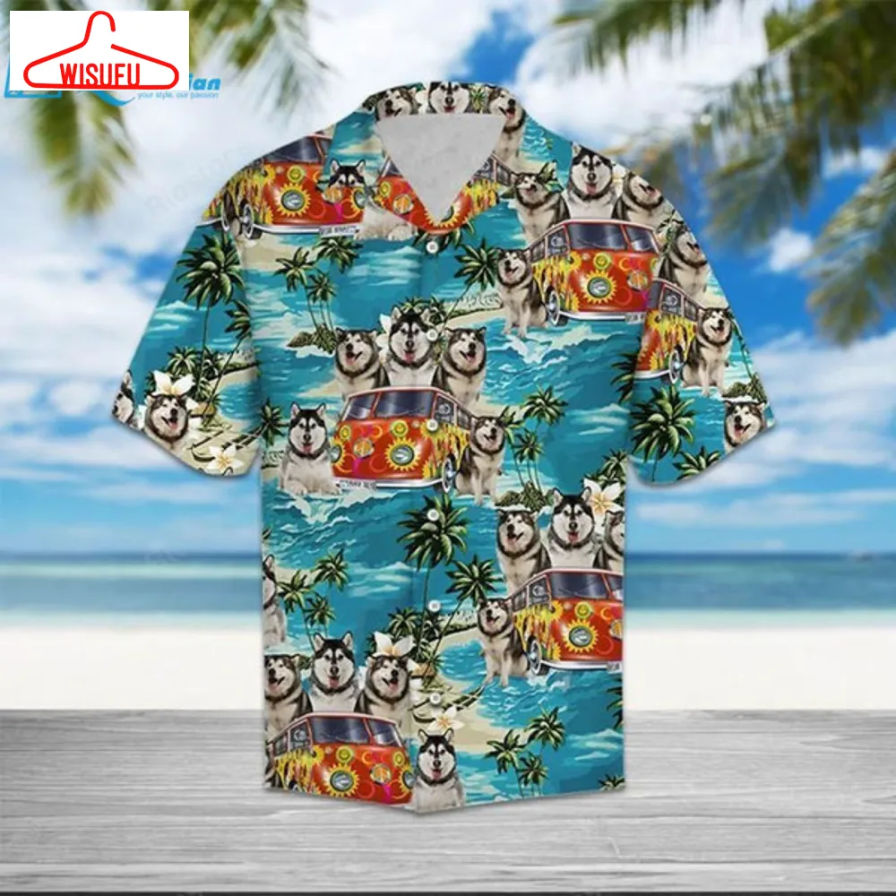 Alaskan Malamute Hippie Summerblue Nice Design Unisex Hawaiian Shirt, Best Gift Ideas, New Fashion Gifts