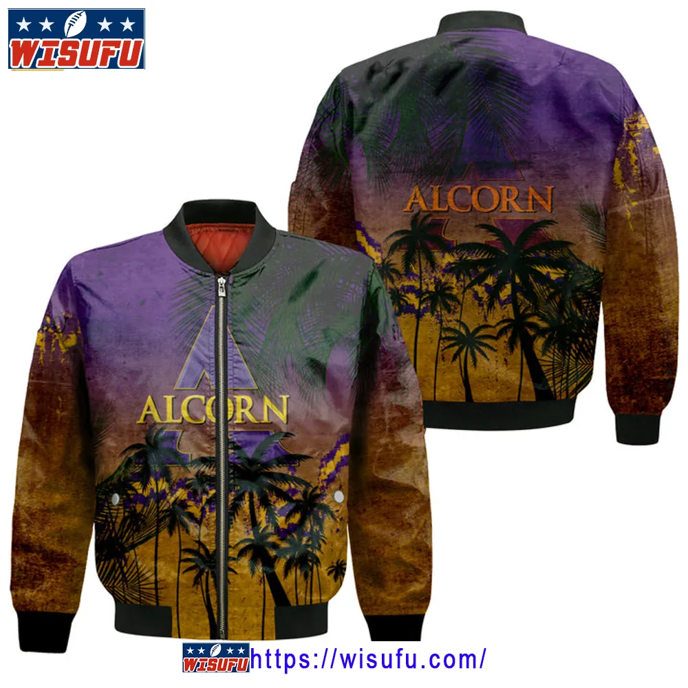 Alcorn State Braves Coconut Tree Tropical Grunge Bomber Jacket