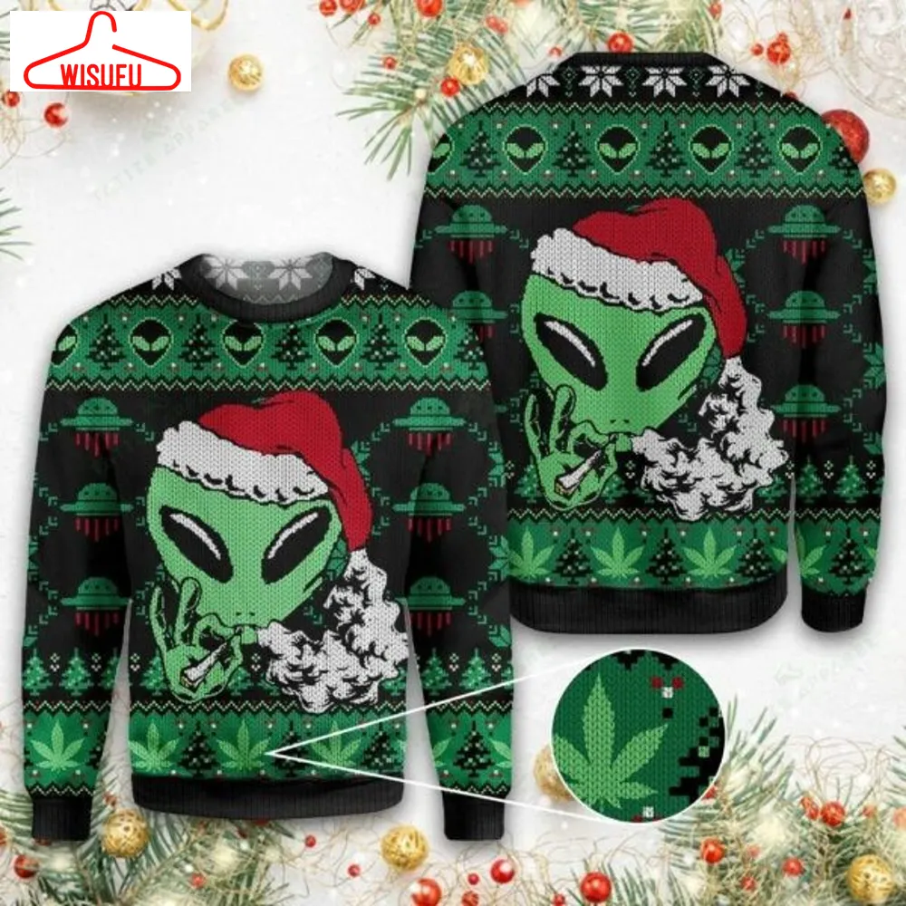 Alien Christmas Ugly Sweater, Alien Christmas Gift, Alien Weed Christmas Shirt