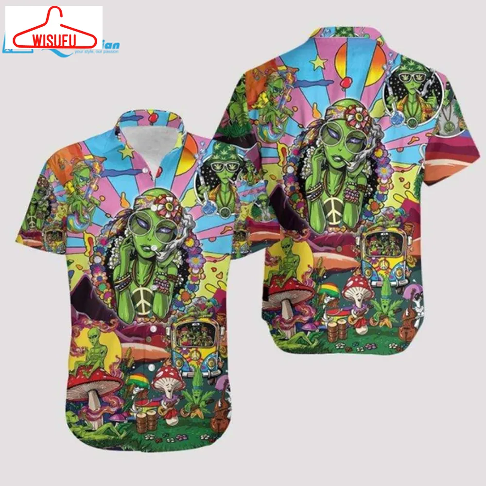 Alien Hippie 3d Print Polyester Hawaiian Aloha Shirts, Best Gift Ideas, New Fashion Gifts
