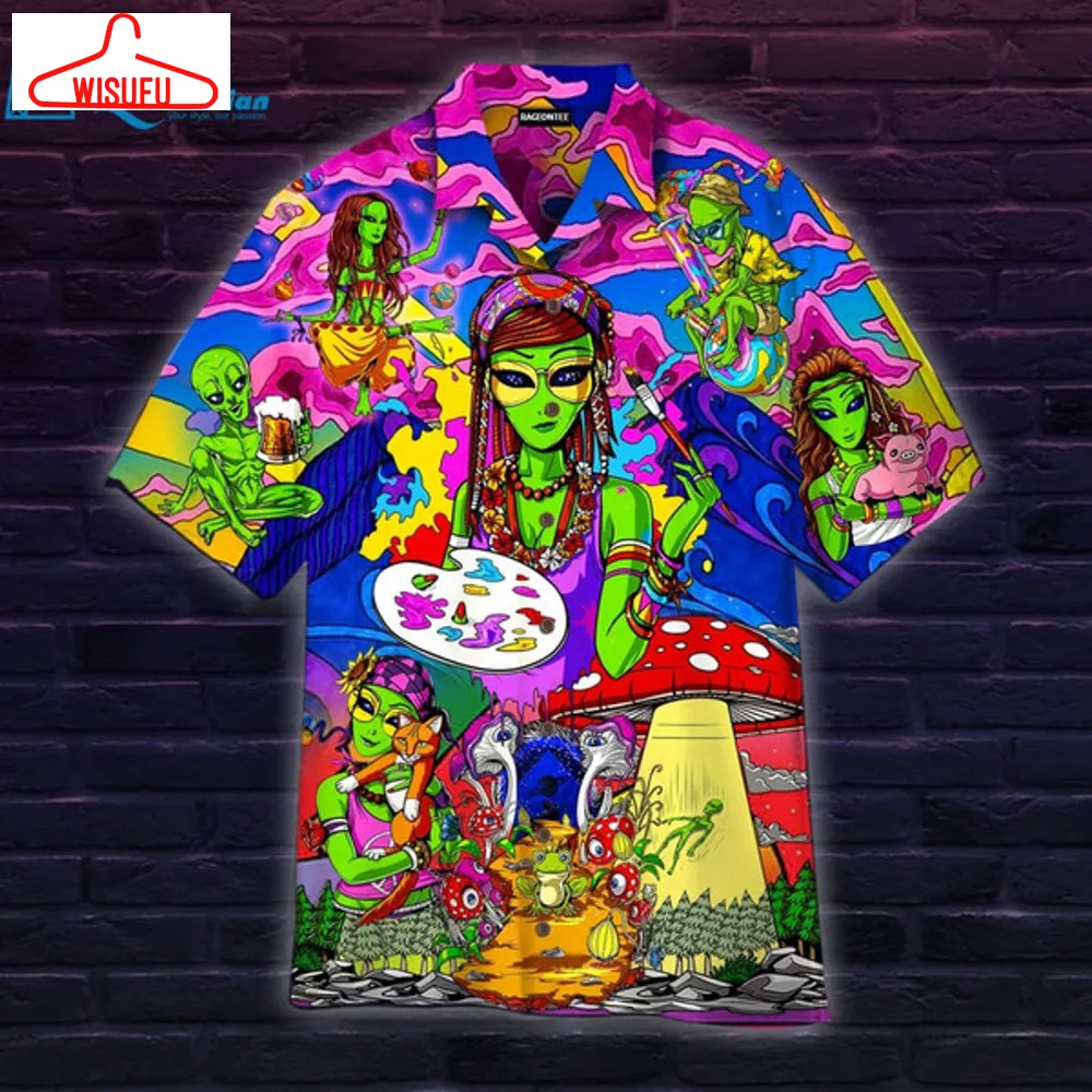 Alien In The World Of Mushrooms Hippie Hawaiian Shirt, Best Gift Ideas, New Fashion Gifts