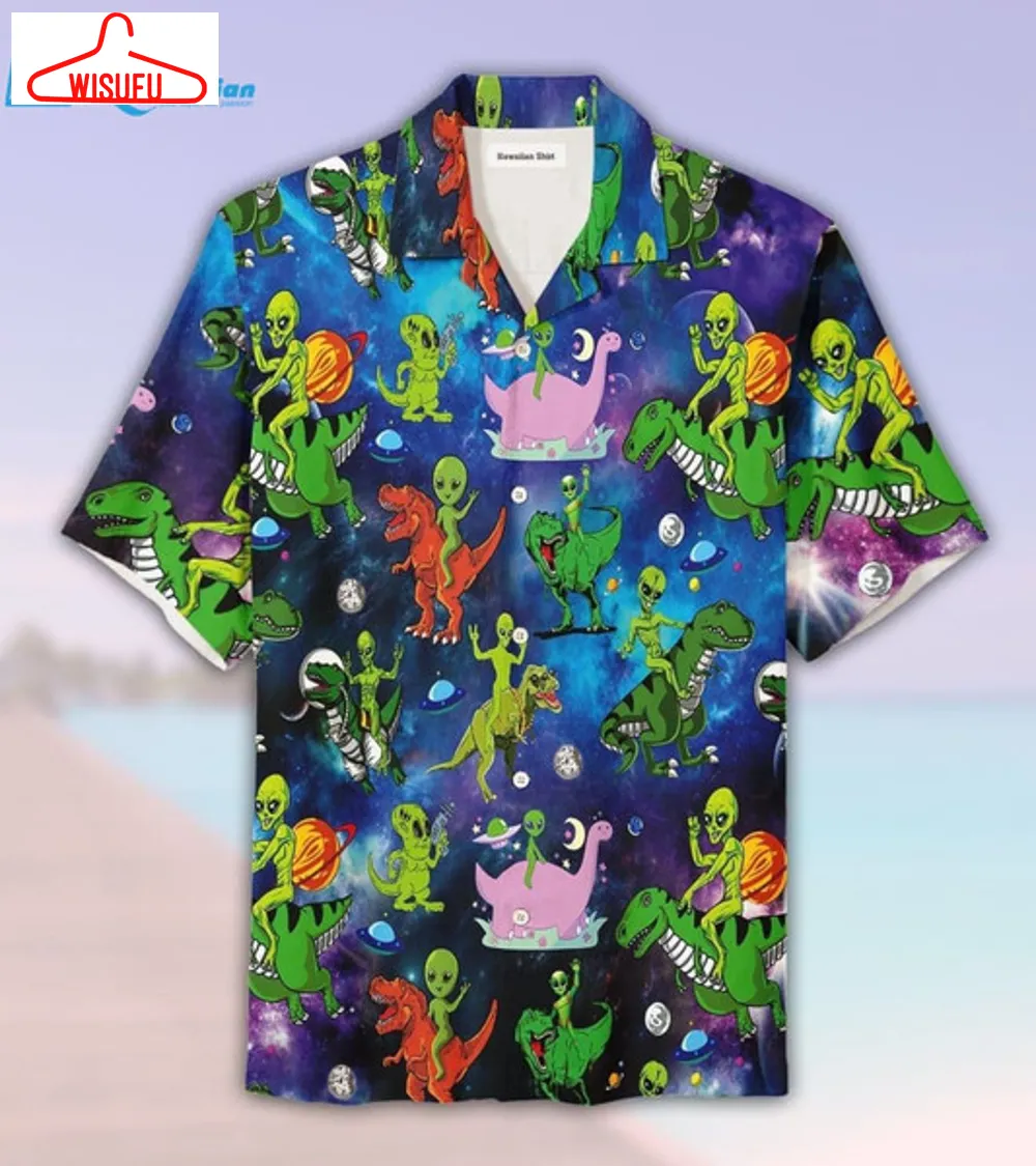 Alien Riding Dinosaur T-rex Hawaiian Shirt, Best Gift Ideas, New Fashion Gifts