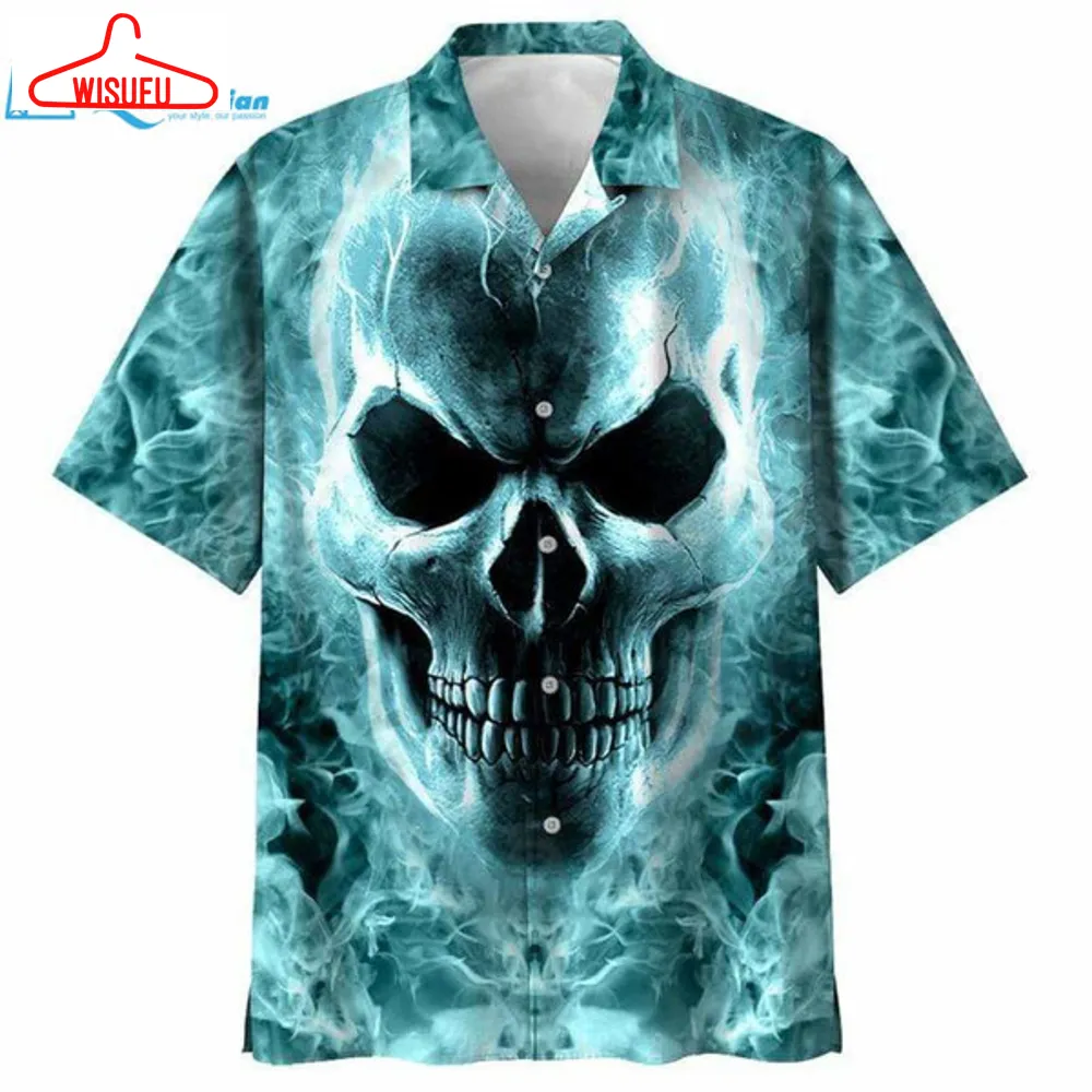 All Over Print Skull Cyan Hawaii Shirt Hawaiian Print 3d, Best Gift Ideas, New Fashion Gifts