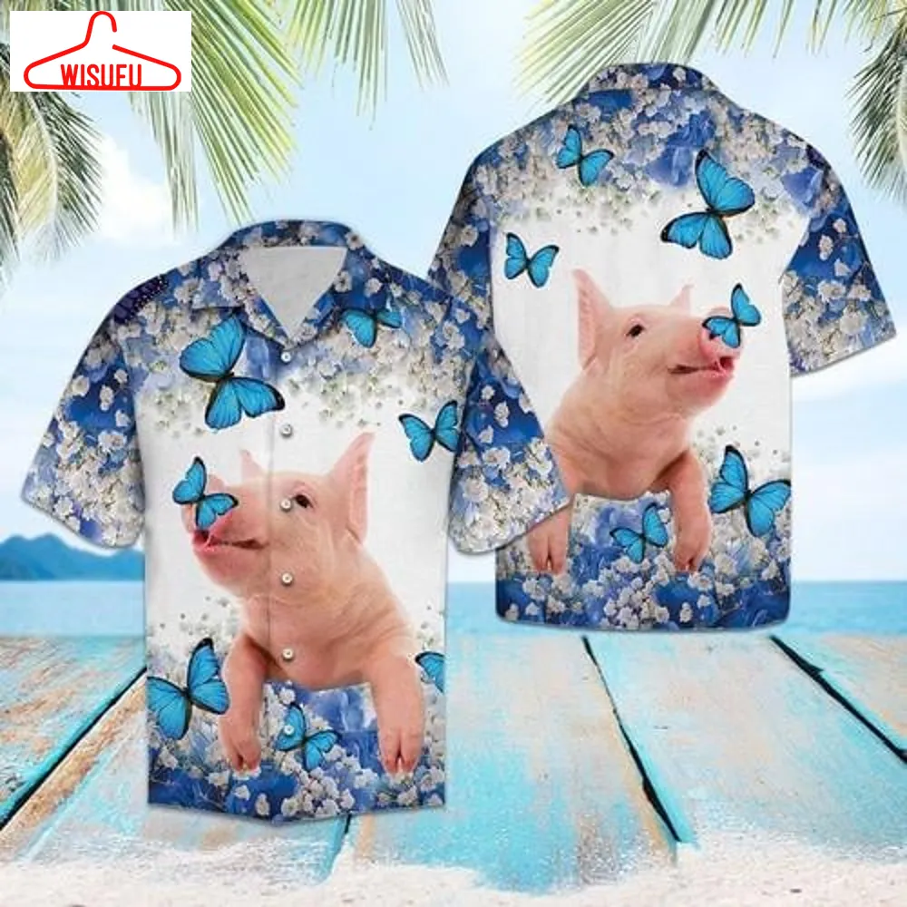 Aloha Shirt Pig Blue And White Flower Hawaiian Shirt