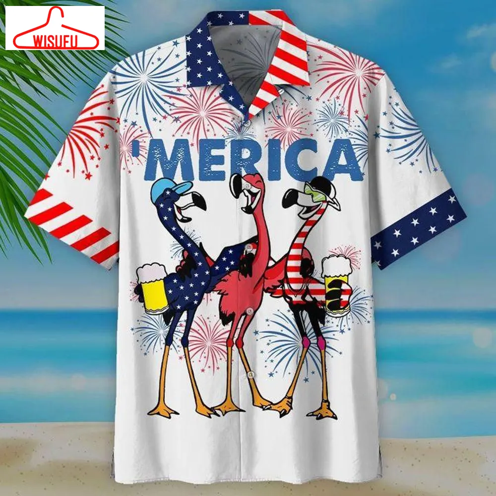 America Flamingo And Beer Hawaiian Shirt