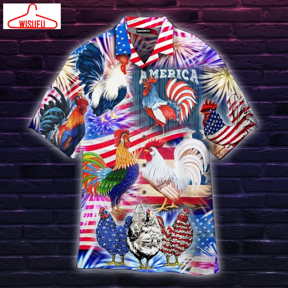 America Rooster Chicken With Firew-orks Hawaiian Shirt