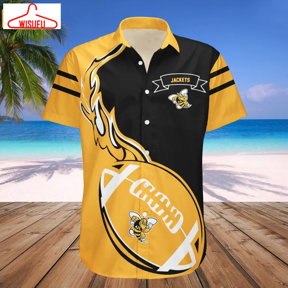 American International Yellow Jackets Flame Ball Hawaiian Shirt, New Fashion Gifts