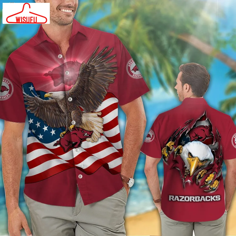 Arkansas Razorbacks American Eagle Ncaa Us Flag Hawaiian Shirts And Shorts, New Fashion Gifts