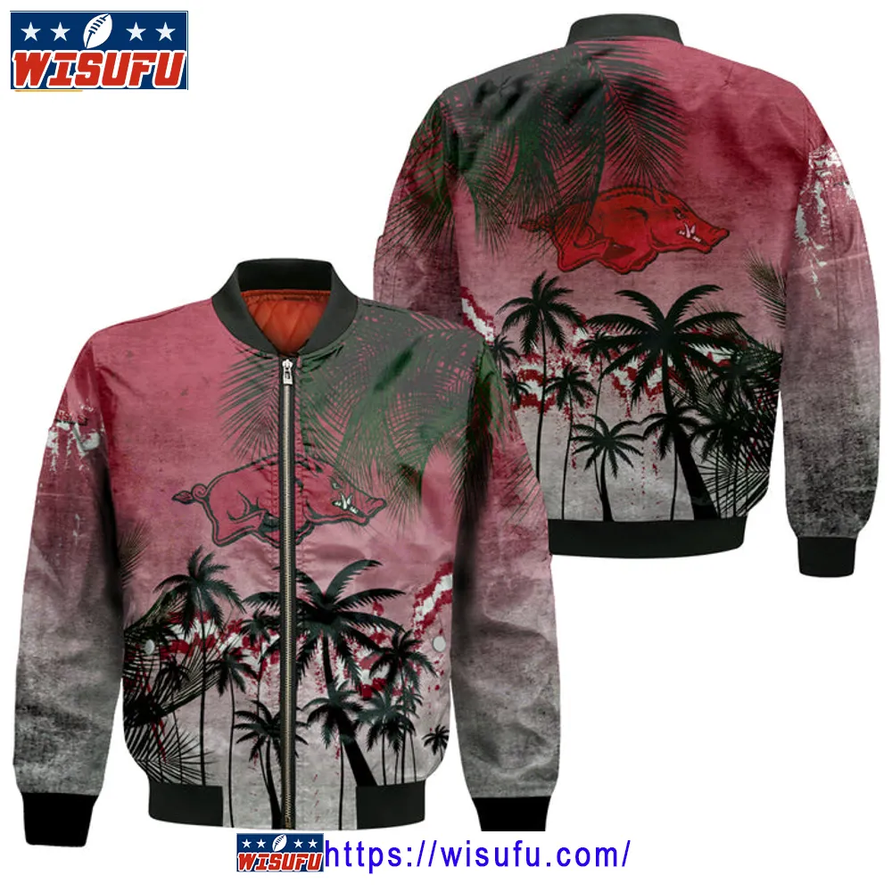 Arkansas Razorbacks Coconut Tree Tropical Grunge Bomber Jacket