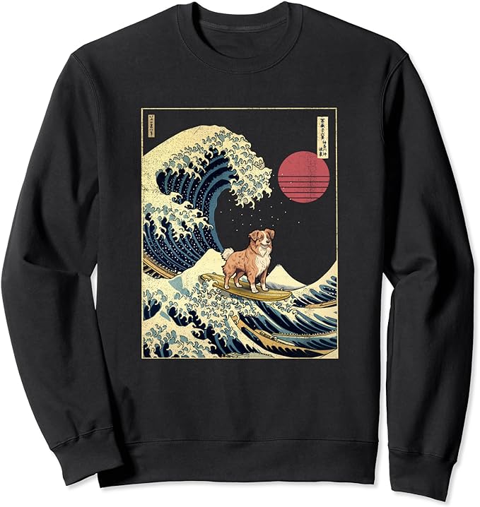 Australian Shepherd Japanese Kanagawa Wave Funny Surf Dog Sweatshirt