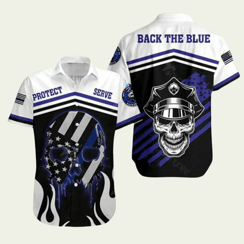 BACK THE BLUE THE POLICE SKULL HAWAIIAN SHIRT