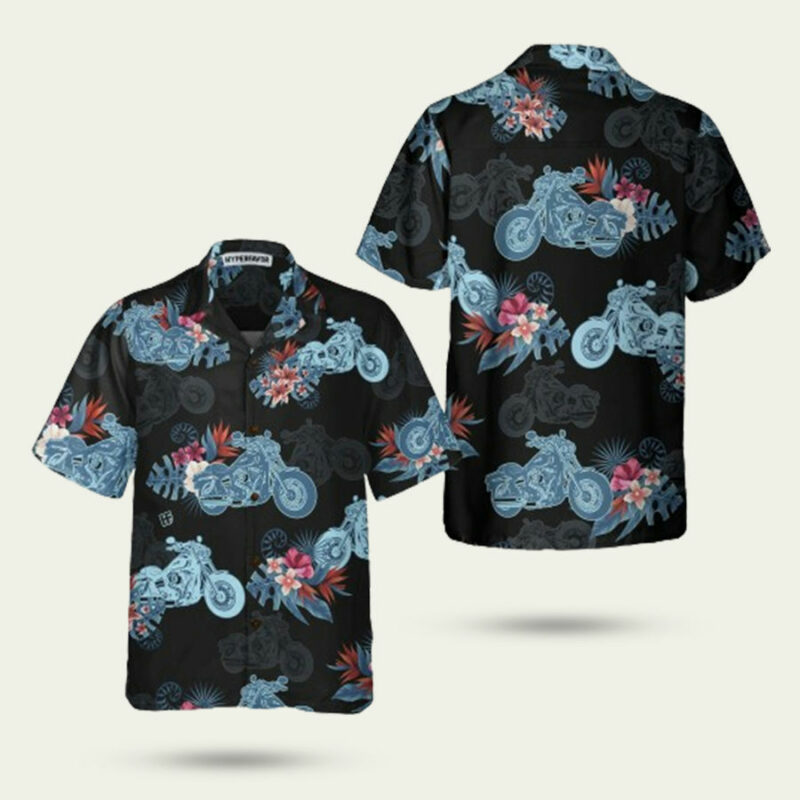 BIKER BLUE TROPICAL FLOWER PATTERN MOTORCYCLE HAWAIIAN SHIRT