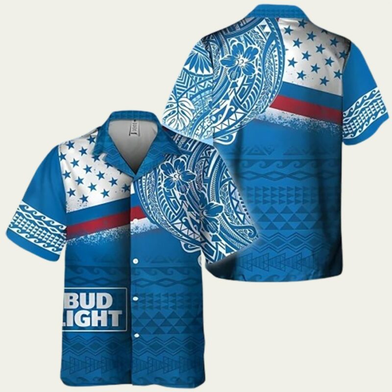 BLUE BUD LIGHT POLYNESIAN PATTERN HAWAIIAN SHIRT