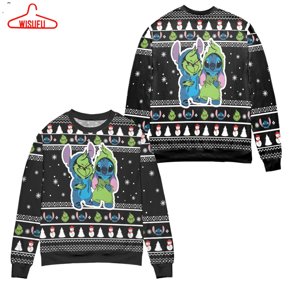 Baby Grinch And Stitch Snowman Pattern Claus Ugly Christmas Sweater