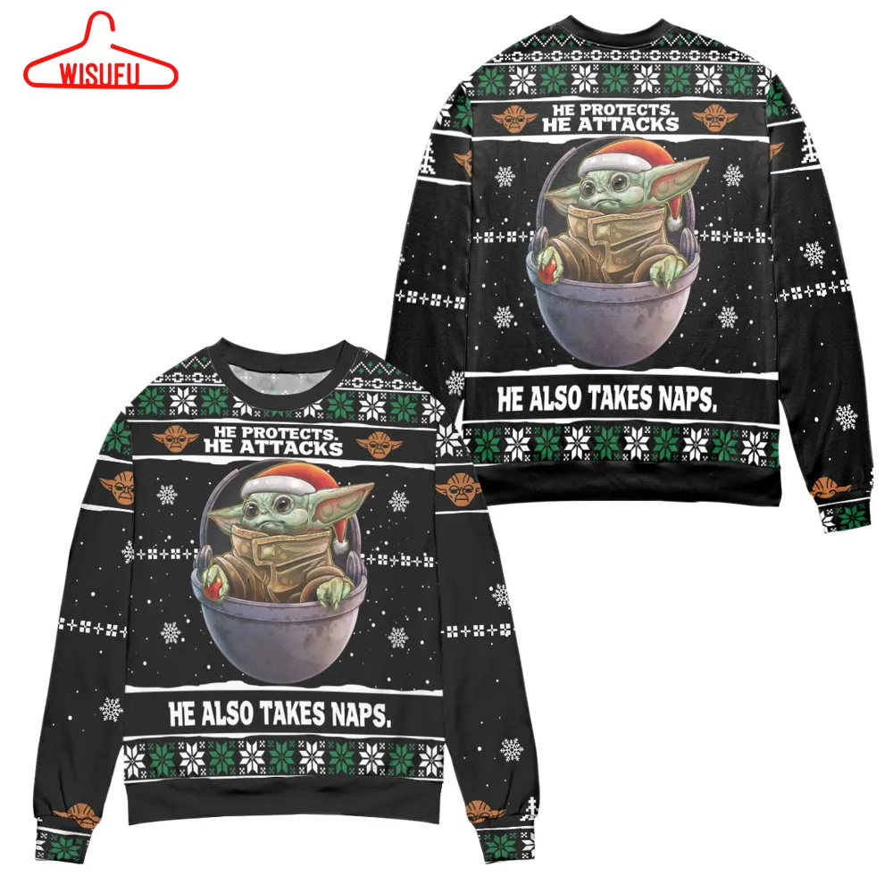 Baby Yoda He Protects He Attacks He Also Takes Naps Snowflake Pattern Ugly Christmas Sweater