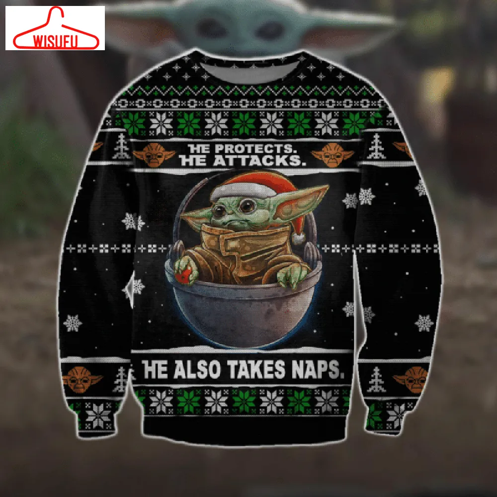 Baby Yoda He Protects He Attacks Ugly Sweater Gifts, Baby Yoda Gift Fan Ugly Sweater