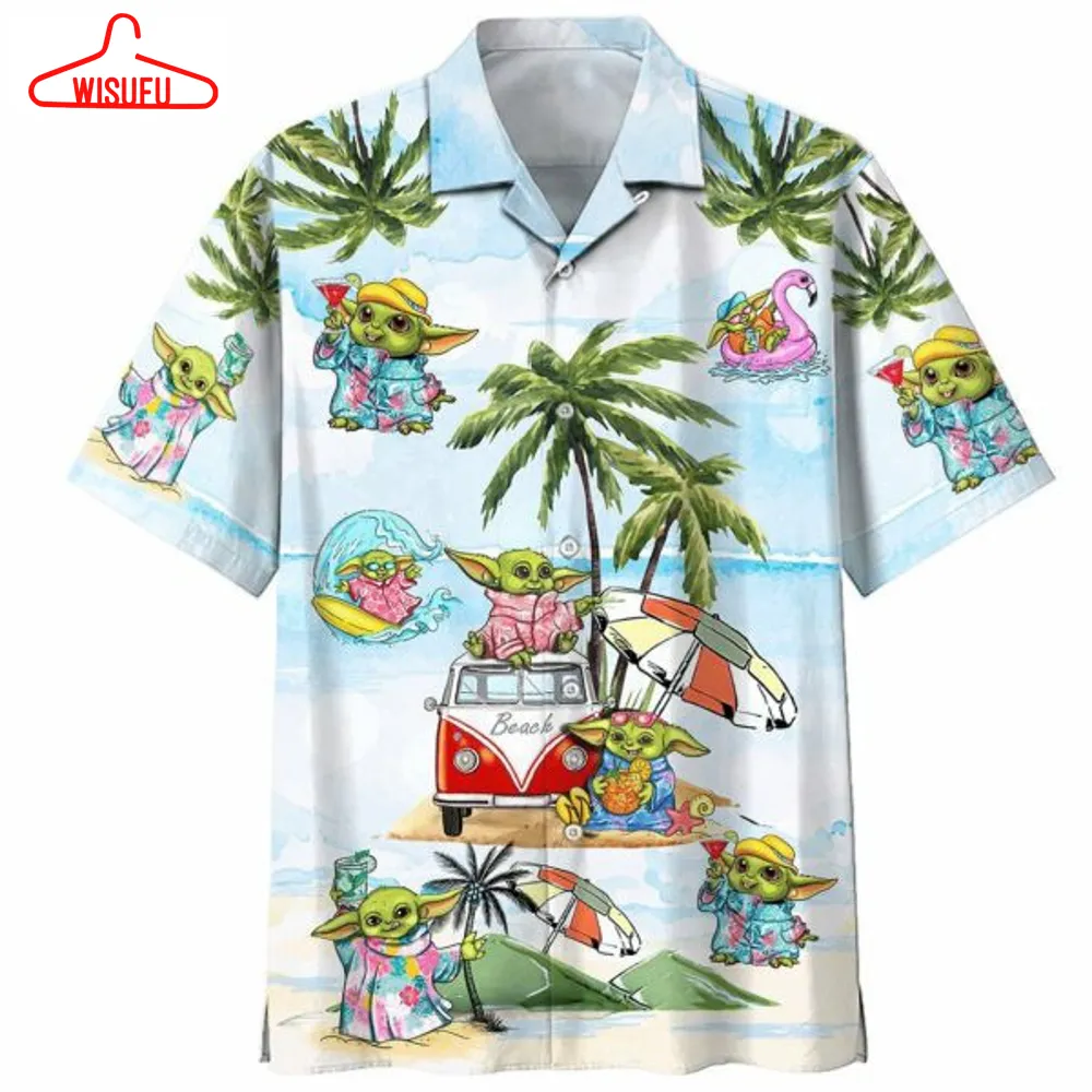 Baby Yoda Summer Time Beach Hawaiian Graphic Print Short Sleeve Hawaiian Casual Shirt, New Fashion Gifts