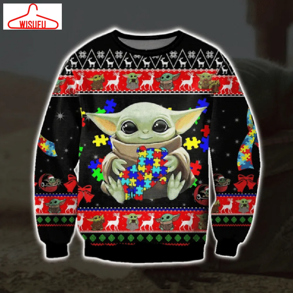 Baby Yoda With Puzzles Autism Ugly Sweater Gifts, Baby Yoda Gift Fan Ugly Sweater