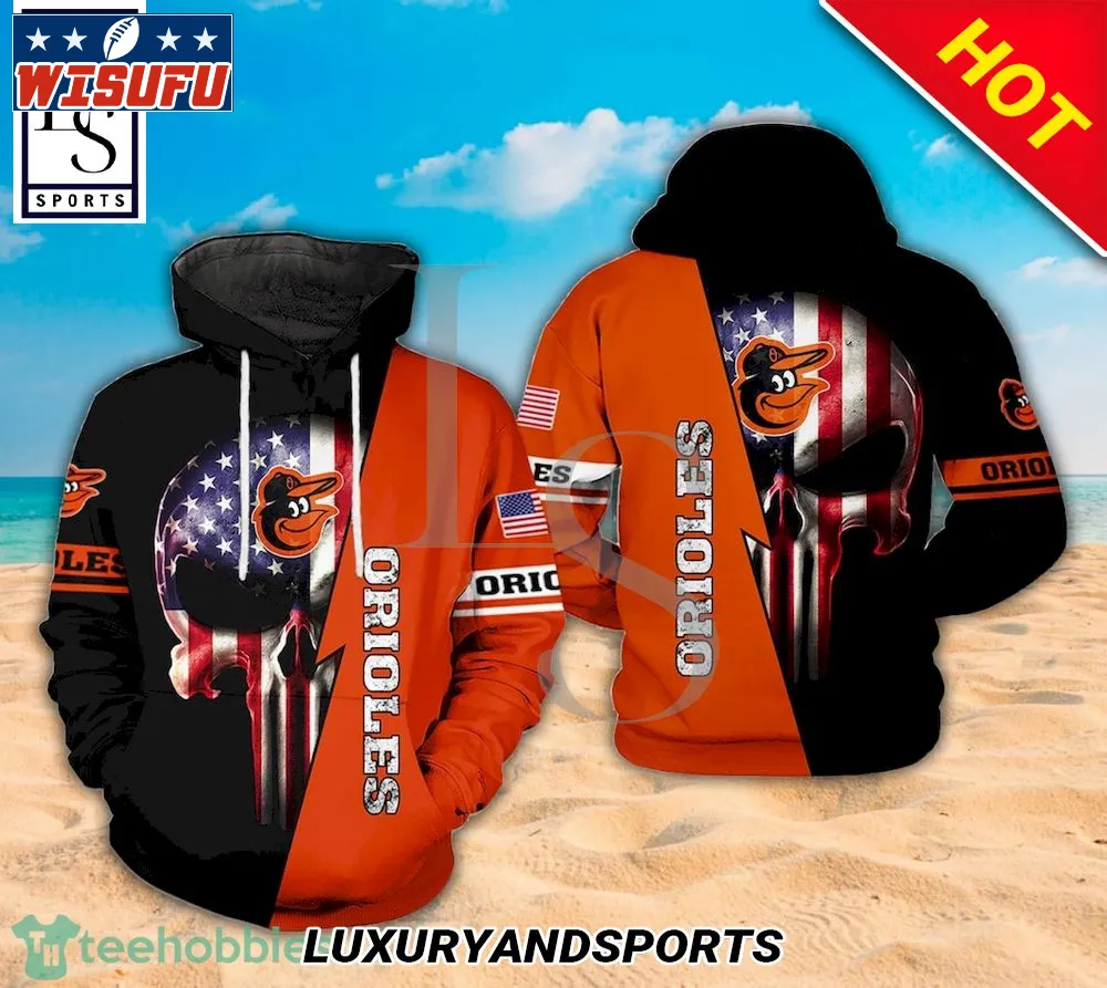 Baltimore Orioles ML.B Logo American Flag And Skull Full Print 3d Hoodie