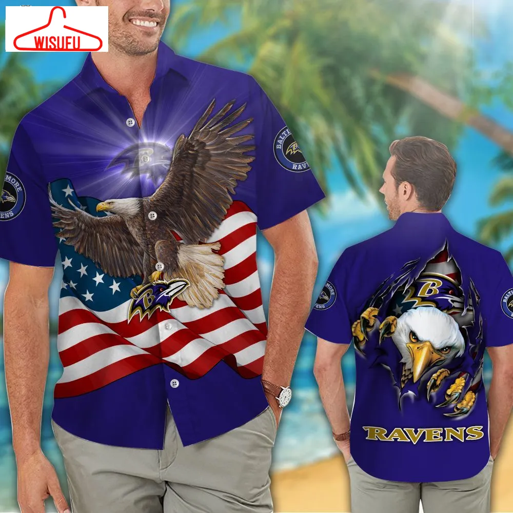 Baltimore Ravens American Eagle Nfl Us Flag Hawaiian Shirts And Shorts, New Fashion Gifts