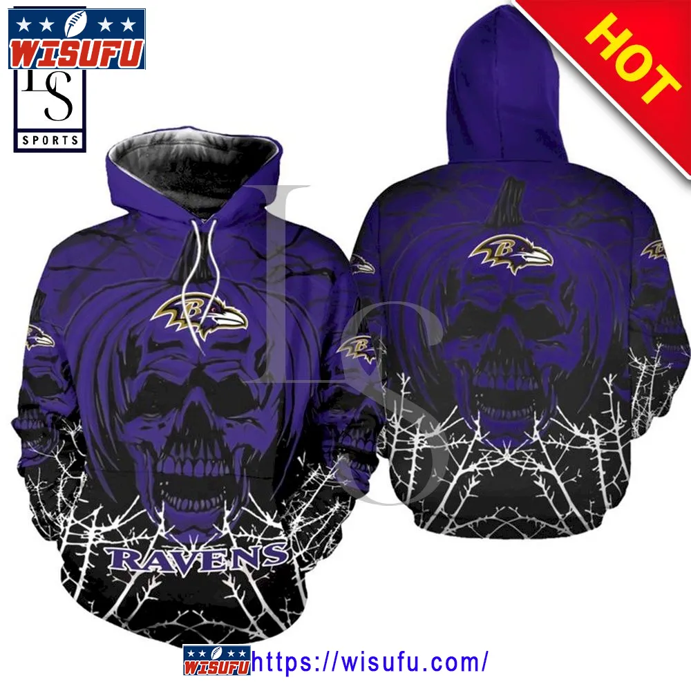 Baltimore Ravens Halloween Pumpkin Skull NF.L Hoodie 3d