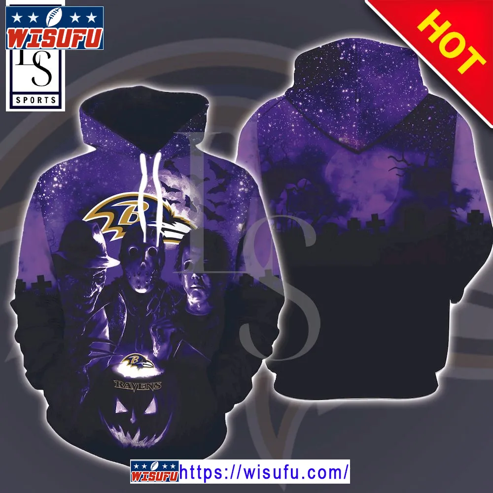 Baltimore Ravens Michael Myers Jason Voorhees Freddy Krueger In Halloween Galaxy Night Hoodie 3d