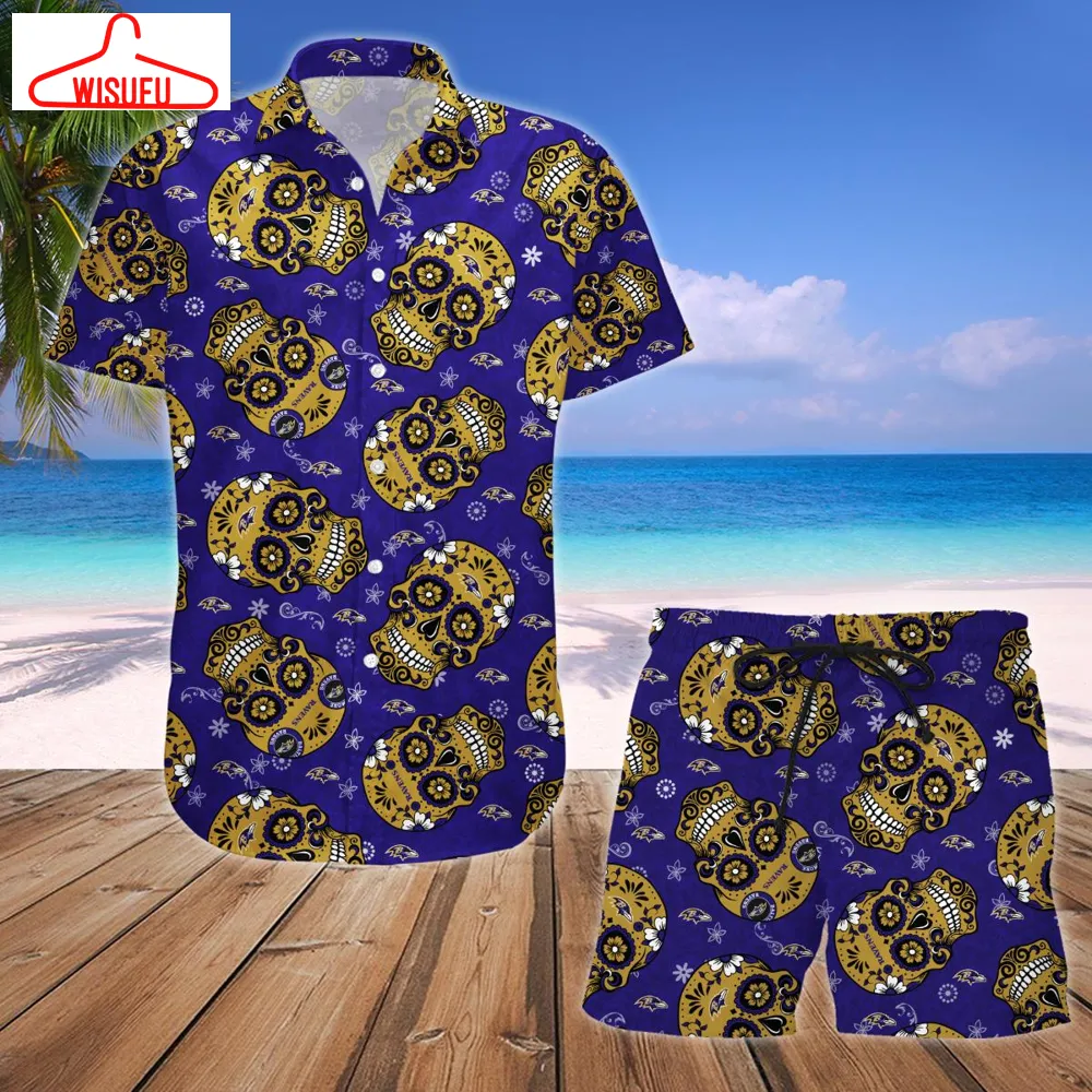 Baltimore Ravens Nfl Skull Hawaiian Shirt And Short, New Fashion Gifts