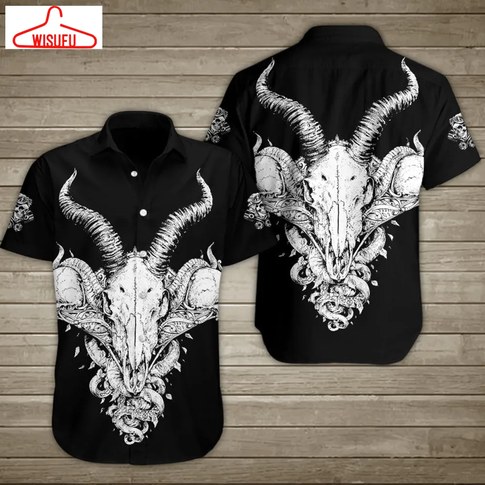 Baphomet Demon Goat Skull Hawaiian Shirt Summer Button Up For Men, Women, Couple, New Hawaiian Holiday Outfits, New Fashion Gifts