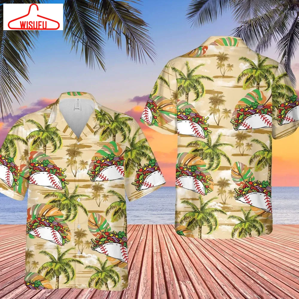 Baseball And Tacos Palm Tree White Pattern Unisex Hawaiian Shirts, New Hawaiian Holiday Outfits, New Fashion Gifts