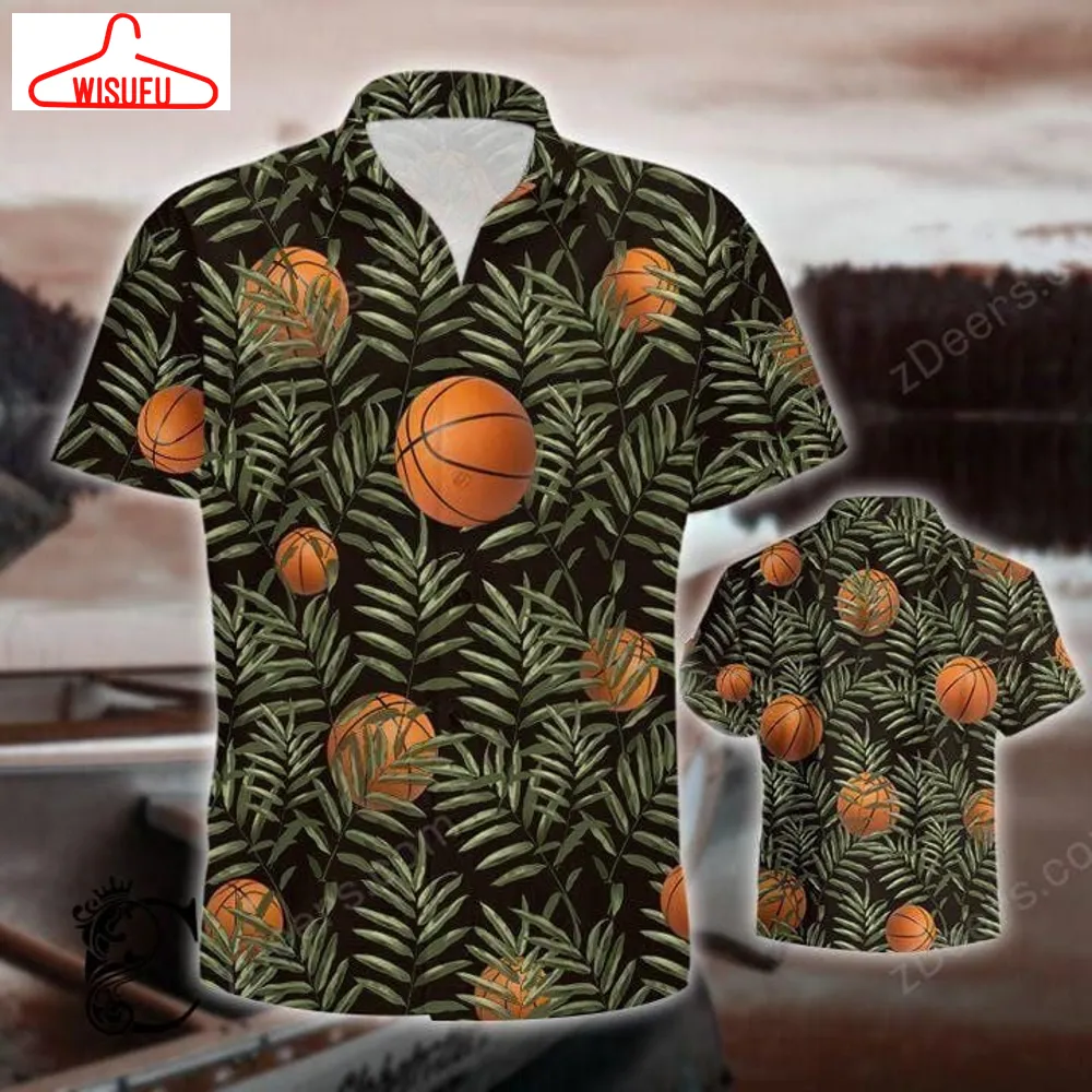 Basketball Leaf Pattern Black Unis-ex Hawaiian Shirt