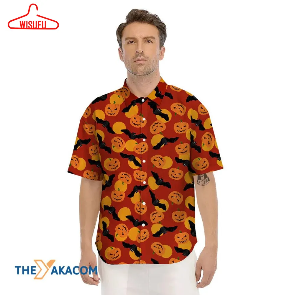 Bat And Pumpkins Pattern Red Halloween Hawaiian Shirt, New Fashion Gifts