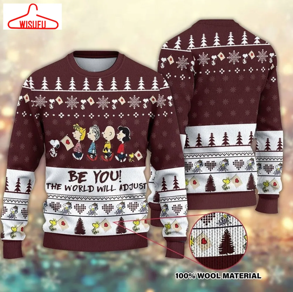 Be You The World Will Adjust Snoopy Ugly Knitted Christmas Sweatshirt, Snoopy Xmas Sweater, Christmas Sweater, Ugly Christmas Sweater