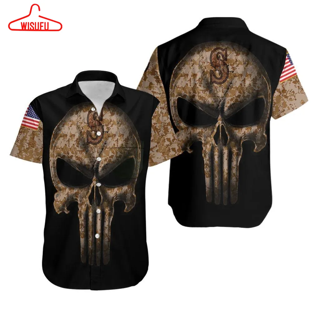 Beach Shirt Camouflage Skull Seattle Mariners American Flag Hawaiian Shirt, New Hawaiian Holiday Outfits, New Fashion Gifts