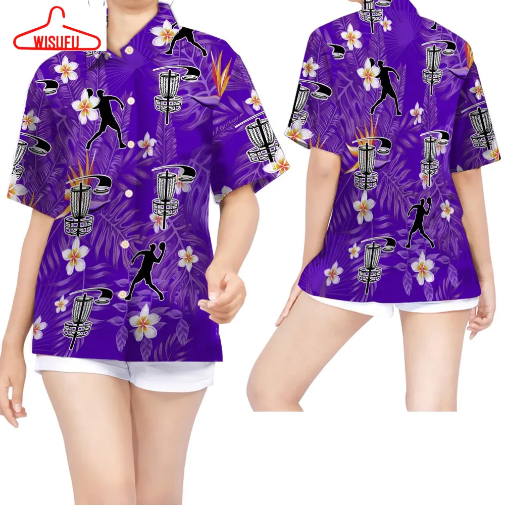 Beach Shirt Disc Golf Purple Tropical Flowers Women Hawaiian Shirt For Disc Golfers, New Hawaiian Holiday Outfits, New Fashion Gifts