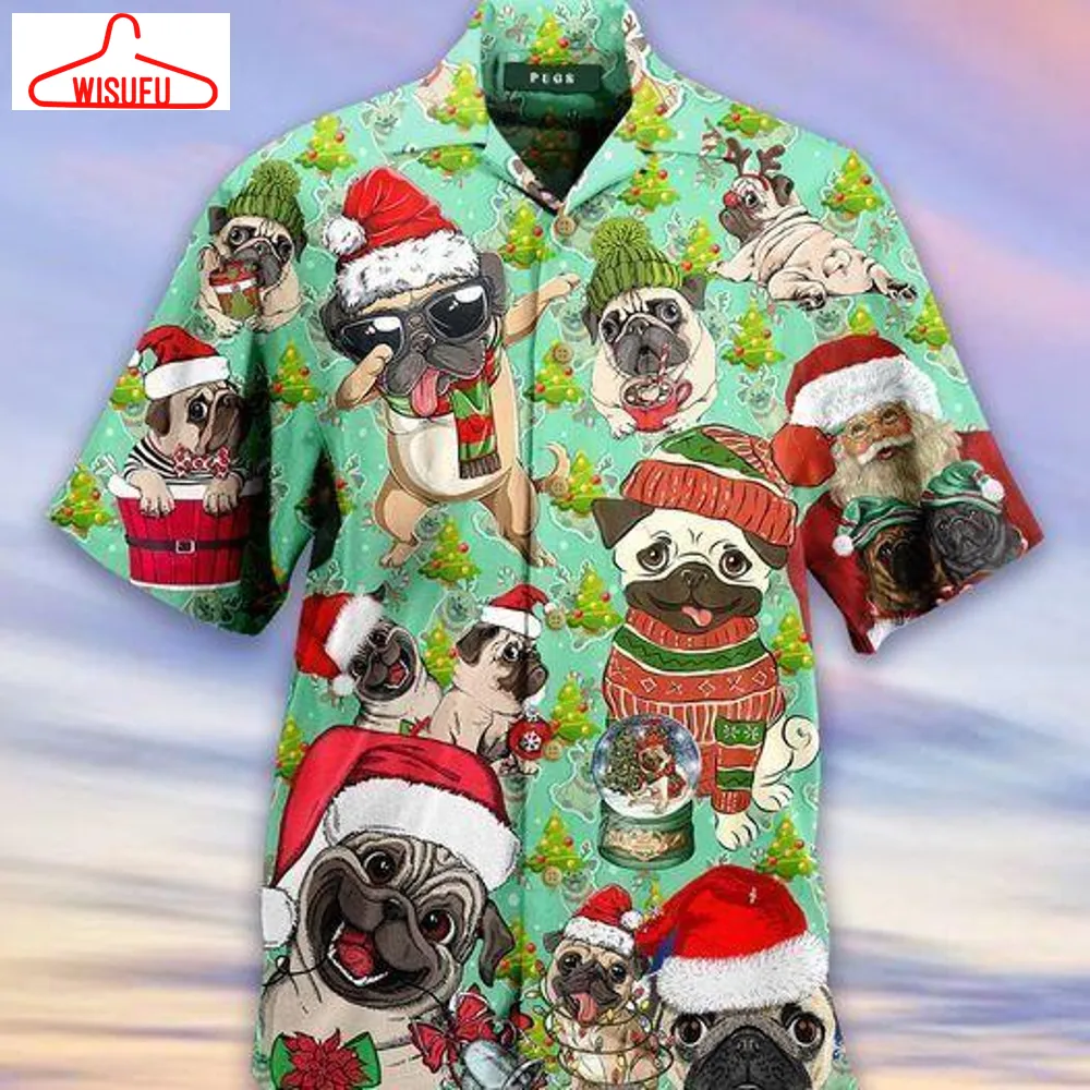 Beach Shirt Discover Cool Happy Santa Pug In Christmas Days Hawaiian Shirts, New Hawaiian Holiday Outfits, New Fashion Gifts