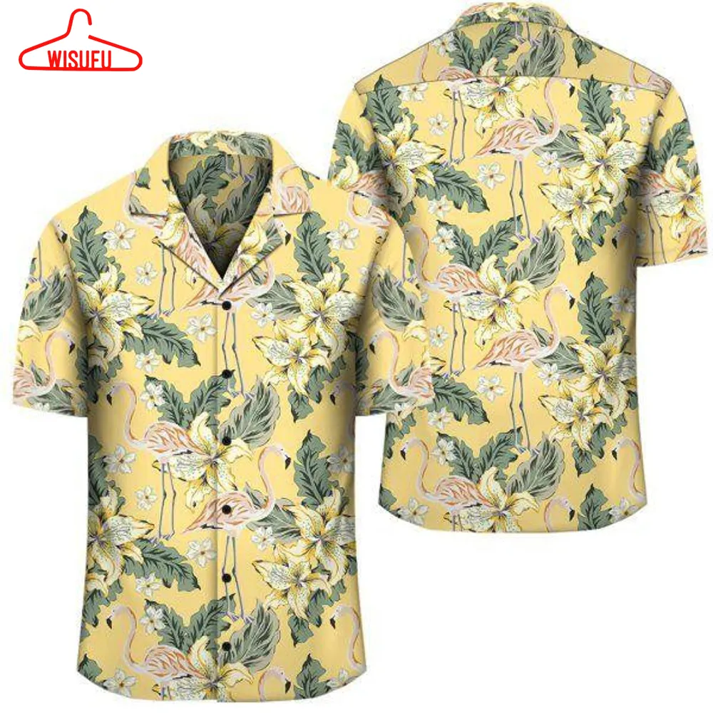 Beach Shirt Felacia Tropical Flamingo Yellow Hawaiian Shirt