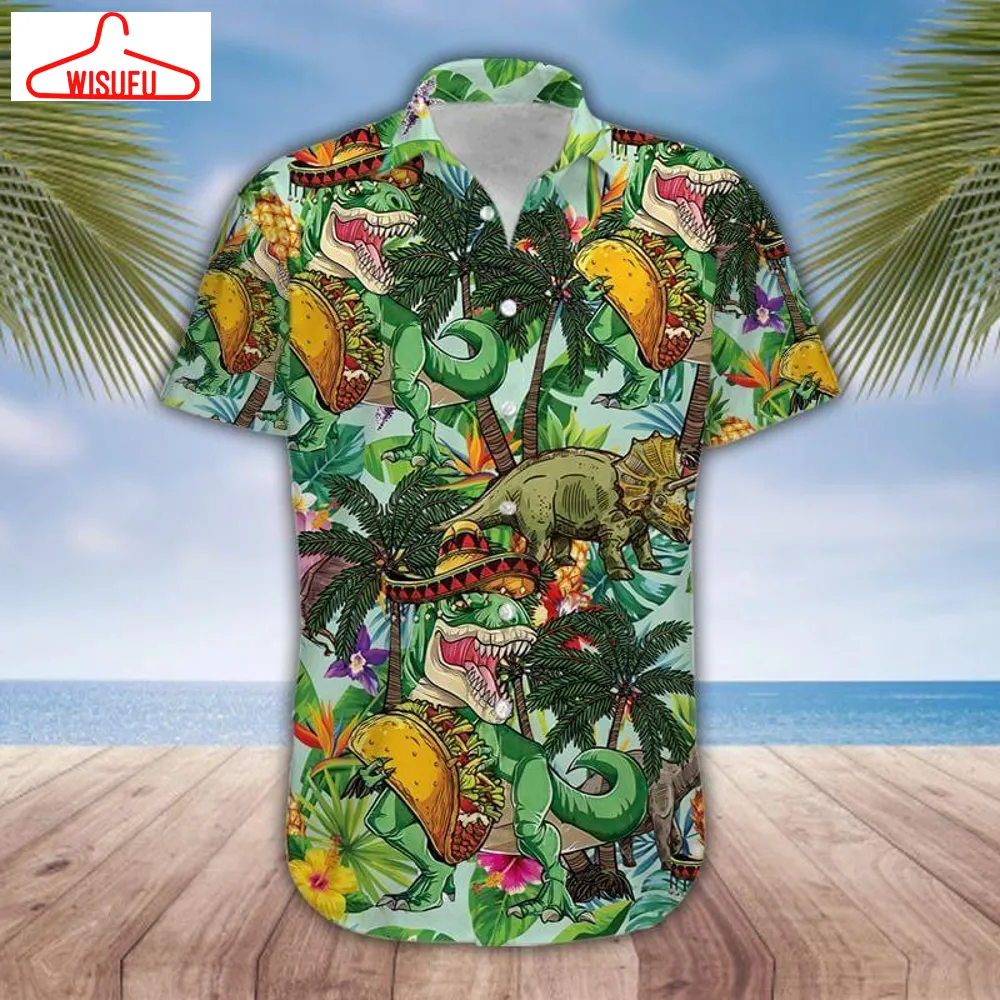 Beach Shirt Funny Tacos T-rex Green Unisex Hawaiian Shirts, New Hawaiian Holiday Outfits, New Fashion Gifts