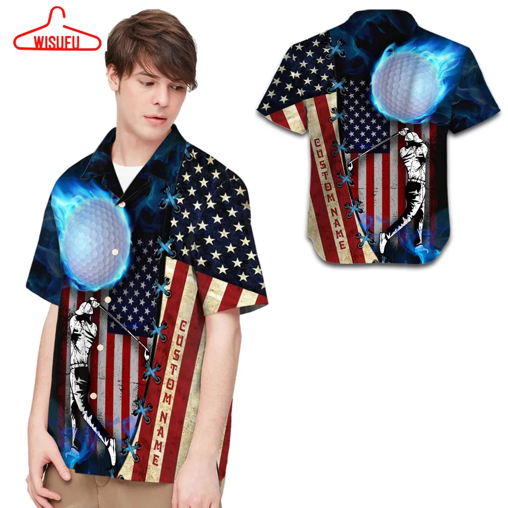 Beach Shirt Golf American Flag Custom Name Men Hawaiian Shirt, New Hawaiian Holiday Outfits, New Fashion Gifts